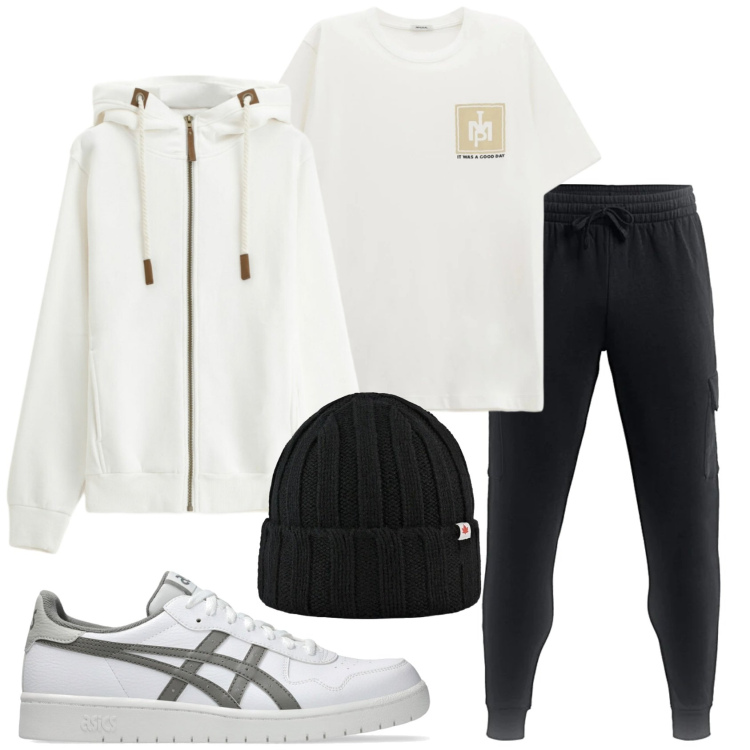 Outfit uomo - Total look #2300802. Stile Urban per Sport. Abbinamento con t-shirt, felpe con cappuccio, cappelli, sneakers, pantaloni.