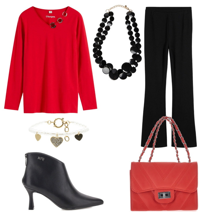 Outfit donna - Rosso e nero. Stile Trendy per Tutti i giorni. Abbinamento con pantaloni, maglieria, braccialetti, borse a tracolla, collane, stivaletti.