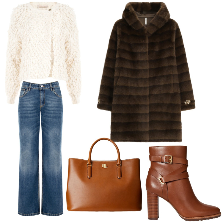 Outfit donna - Look morbido. Stile Trendy per Tutti i giorni. Abbinamento con cardigans, jeans, ecopellicce, borse a mano, stivaletti.