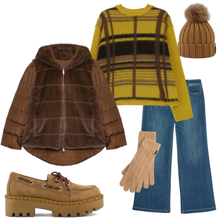 Outfit donna - Dicembre in città. Stile Urban per Tutti i giorni. Abbinamento con maglieria, guanti, berretti, ecopellicce, mocassini, jeans dritti.