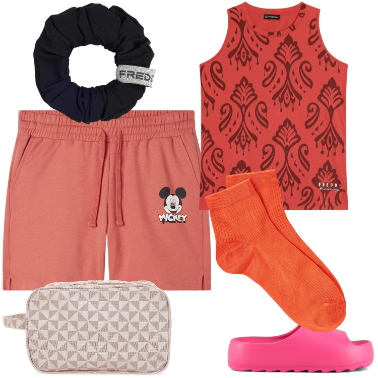 Outfit donna - Sunday at home. Stile Basic per Tutti i giorni. Abbinamento con canottiere, pantaloni corti, accessori per capelli, ciabatte, valigie, collant.