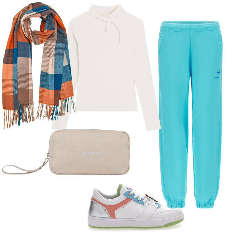 Outfit donna - Una domenica sportiva. Stile Casual per Tutti i giorni. Abbinamento con pantaloni, maglieria, valigie, sneakers, sciarpe.