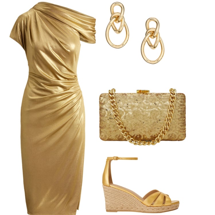 Outfit donna - Capodanno al caldo e tutta d oro. Stile Glamour per Serata fuori. Abbinamento con clutch, vestiti a tubino, orecchini, zeppe.