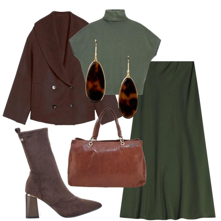 Outfit donna - Total look #2300821. Stile Casual chic per Tutti i giorni. Abbinamento con caban, gonne lunghe, maglieria, orecchini, stivaletti, borse a tracolla.