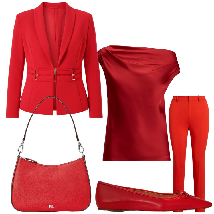 Outfit donna - Red passion. Stile Chic per Serata fuori. Abbinamento con blazer, top, pantaloni, borse a spalla, ballerine.