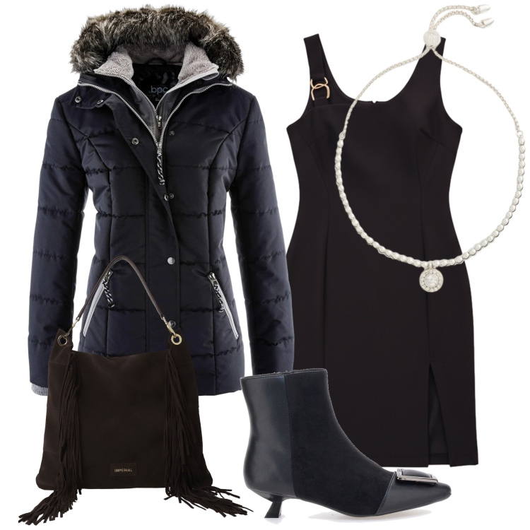 Outfit donna - Serata in amicizia. Stile Trendy per Serata fuori. Abbinamento con piumini, vestiti a tubino, borse a spalla, braccialetti, stivaletti.