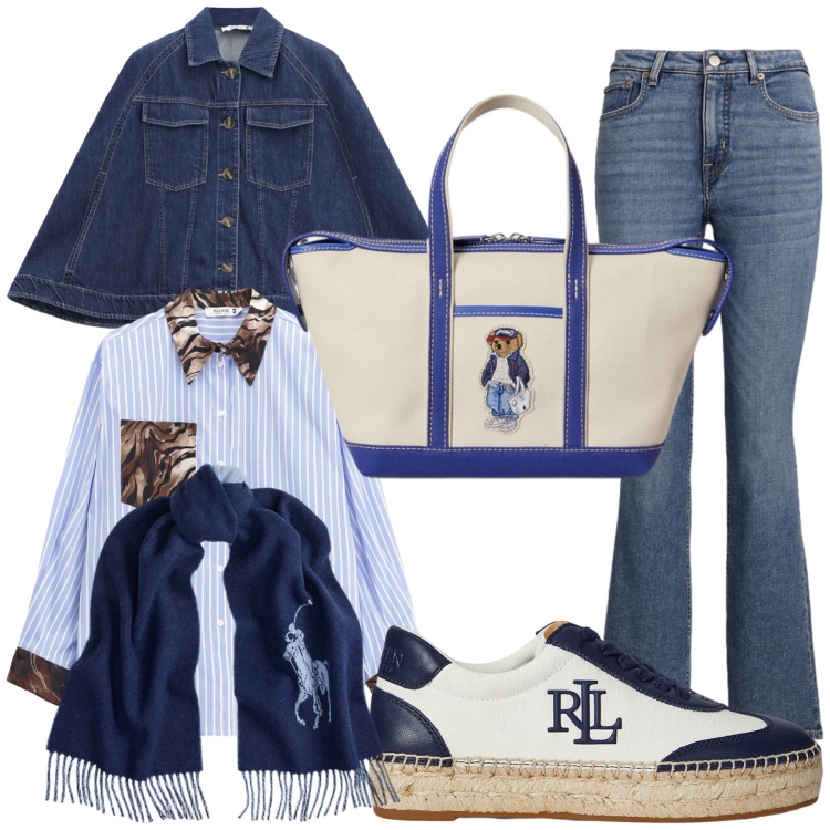Outfit donna - Total look. Stile Casual chic per Tutti i giorni. Abbinamento con blazer, camicie, sciarpe, borse tote, sneakers, jeans bootcut.