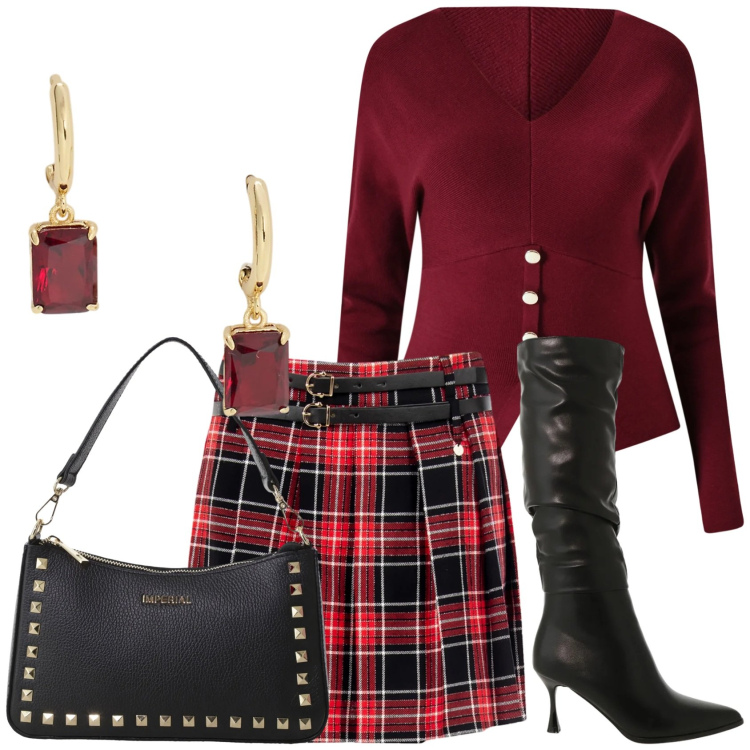 Outfit donna - Tartan. Stile Casual chic per Tutti i giorni. Abbinamento con minigonne, maglieria, pochette, stivali sopra il ginocchio, orecchini.