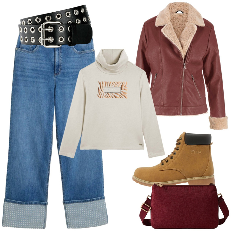 Outfit donna - Total look #2300828. Stile Trendy per Tutti i giorni. Abbinamento con bomber, jeans dritti, cinture, borse a tracolla, felpe, anfibi.