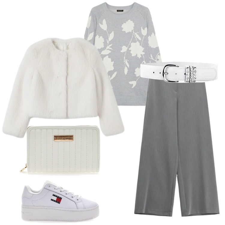 Outfit donna - Total look #2300831. Stile Casual chic per Tutti i giorni. Abbinamento con cinture, ecopellicce, pantaloni a palazzo, sneakers, portafogli, maglieria.