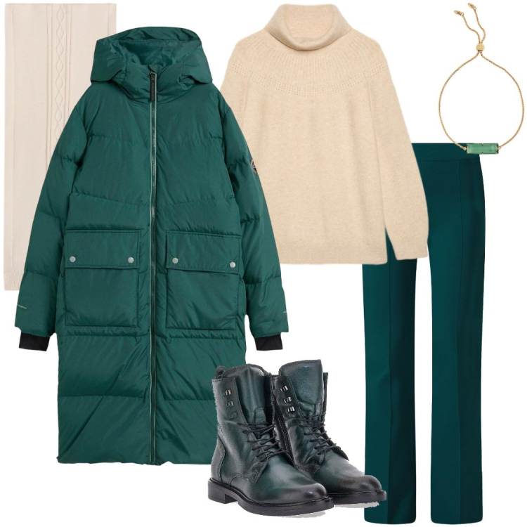 Outfit donna - Velvet green. Stile Sporty chic per Tutti i giorni. Abbinamento con piumini, pantaloni a palazzo, sciarpe, braccialetti, anfibi, maglieria.