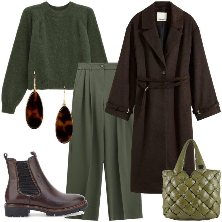 Outfit donna - Velvet green. Stile Urban per Tutti i giorni. Abbinamento con cappotti, pantaloni a palazzo, maglieria, orecchini, borse tote, stivaletti chelsea.
