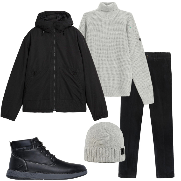 Outfit uomo - In città. Stile Urban per Ufficio. Abbinamento con giacche, maglieria, berretti, stivali e stivaletti, pantaloni.