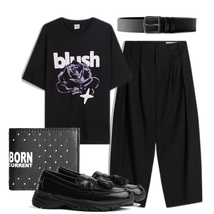 Outfit hombre - Trendy #7219. Estilo Trendy para Noche especial. Combinación con cinturones, zapatos con cordones, camiseta, pantalones, carteras.