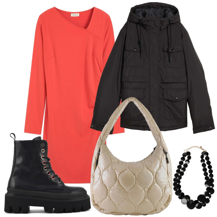 Outfit donna - Il tubino energetico. Stile Minimal per Tutti i giorni. Abbinamento con vestiti, blazer, borse tote, anfibi, collane.