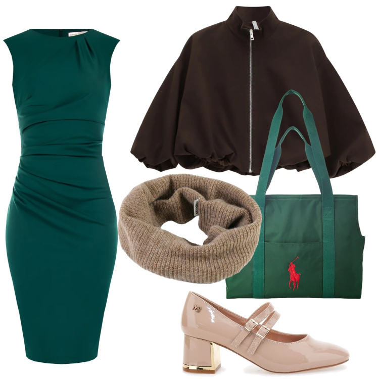 Outfit donna - Tubino versatile. Stile Casual per Ufficio. Abbinamento con vestiti a tubino, bomber, borse tote, scaldacollo, décolleté.