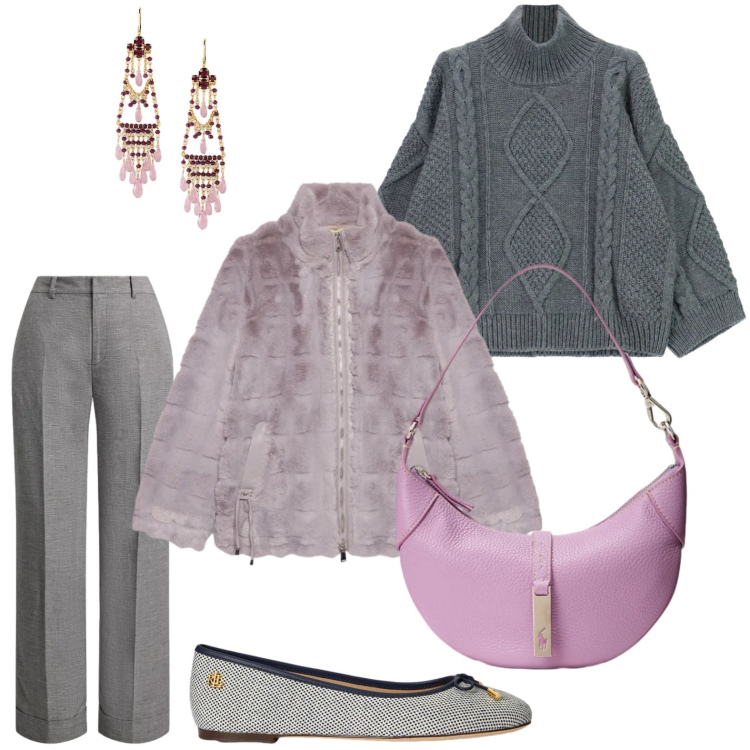 Outfit donna - Il grigio raffinato. Stile Urban per Serata fuori. Abbinamento con maglieria, borse a spalla, pantaloni, ballerine, orecchini, ecopellicce.