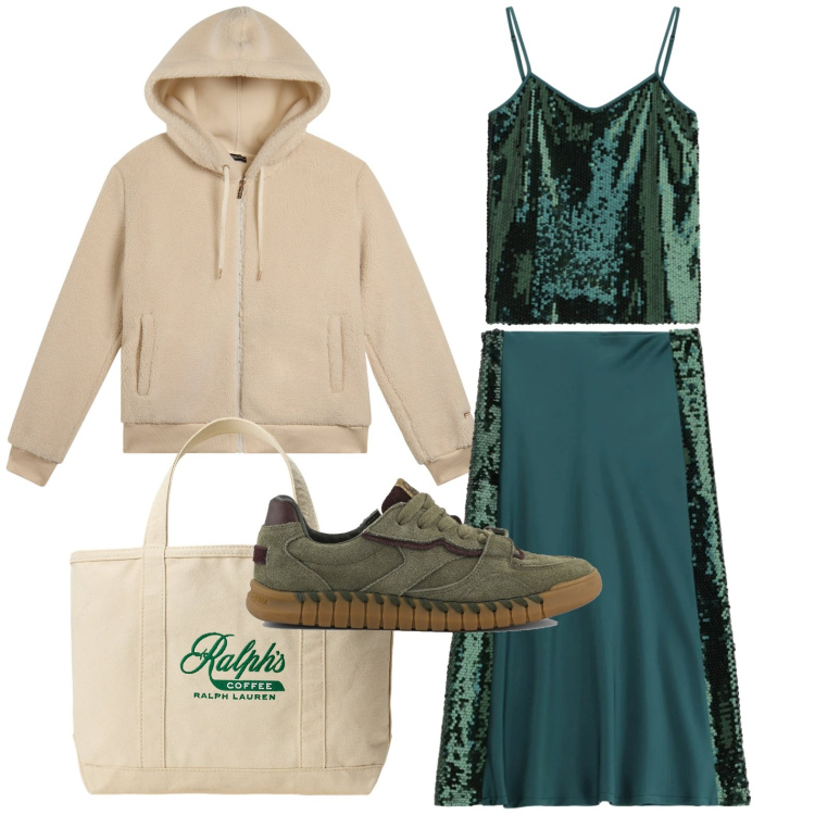 Outfit donna - Paillettes di giorno. Stile Glamour per Tutti i giorni. Abbinamento con gonne lunghe, top, bomber, borse tote, sneakers.