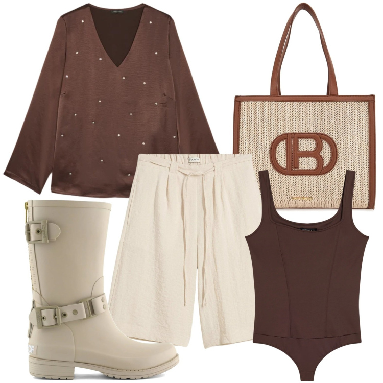 Outfit donna - La maglia lucente. Stile Casual per Tutti i giorni. Abbinamento con bermuda, body, bluse, stivali, borse a spalla.