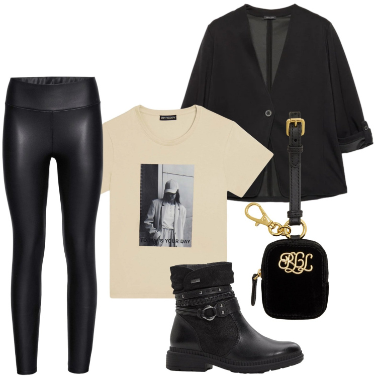 Outfit donna - City rock. Stile Rock per Serata fuori. Abbinamento con stivaletti, leggings, t-shirt, pochette, blazer.
