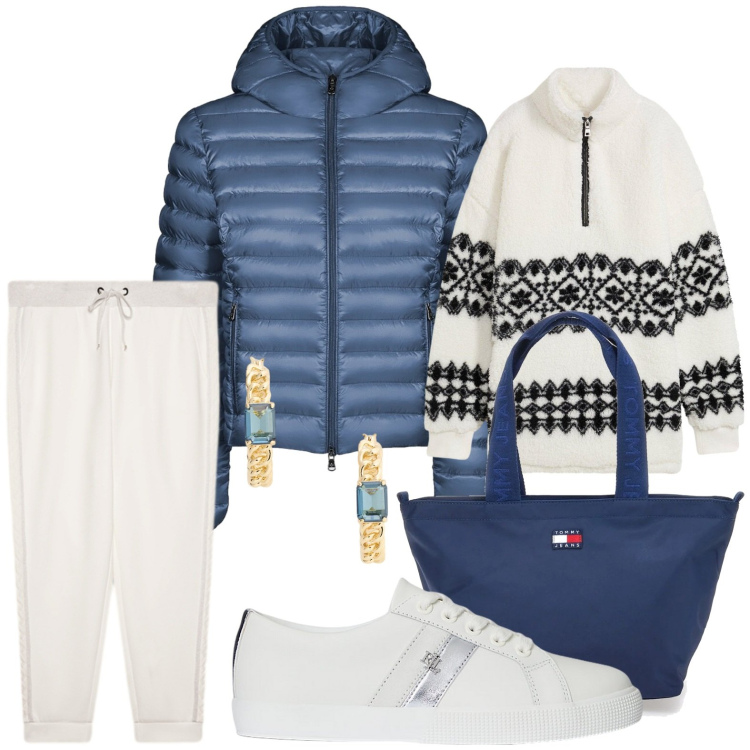 Outfit donna - Il maglione giusto. Stile Minimal per Tutti i giorni. Abbinamento con maglieria, sneakers, orecchini, bomber, pantaloni, borse tote.