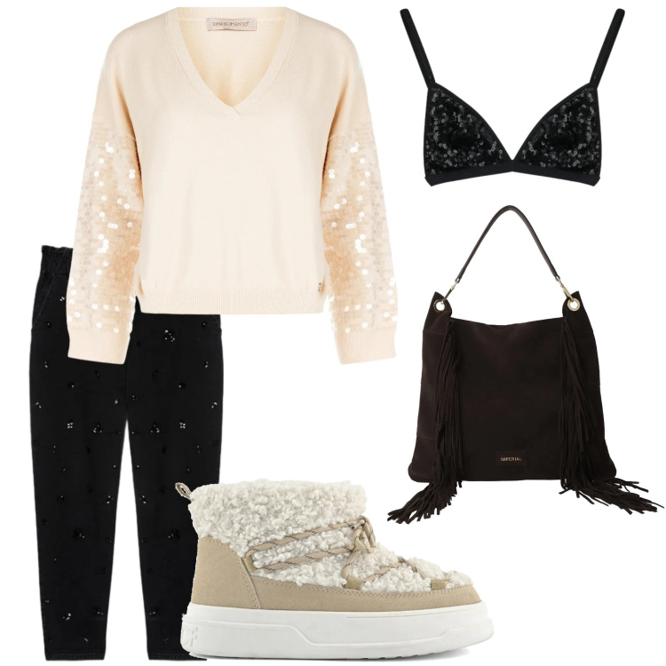 Outfit donna - Brillare. Stile Glamour per Tutti i giorni. Abbinamento con maglieria, borse a spalla, top, jeans, stivaletti.