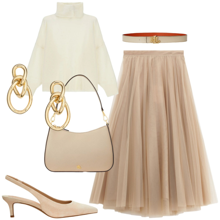 Outfit donna - L\'eleganza dei toni neutri. Stile Chic per Tutti i giorni. Abbinamento con gonne lunghe, maglieria, cinture, borse a spalla, décolleté, orecchini.