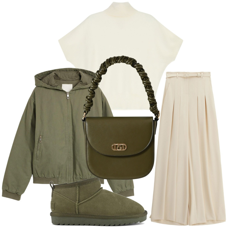 Outfit donna - Crema e pistacchio. Stile Glamour per Tutti i giorni. Abbinamento con blazer, borse a mano, maglieria, pantaloni a palazzo, stivali.