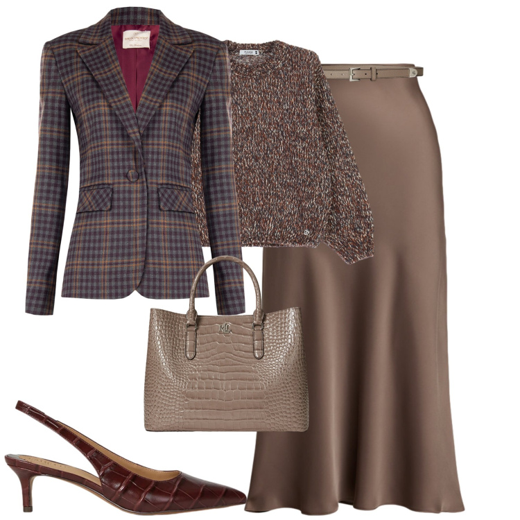 Outfit donna - Fango. Stile Chic per Tutti i giorni. Abbinamento con maglieria, blazer, gonne, borse a mano, décolleté, cinture.