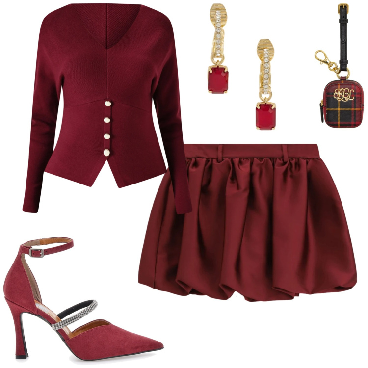 Outfit donna - Rouge. Stile Glamour per Serata fuori. Abbinamento con maglieria, minigonne, pochette, orecchini, décolleté.