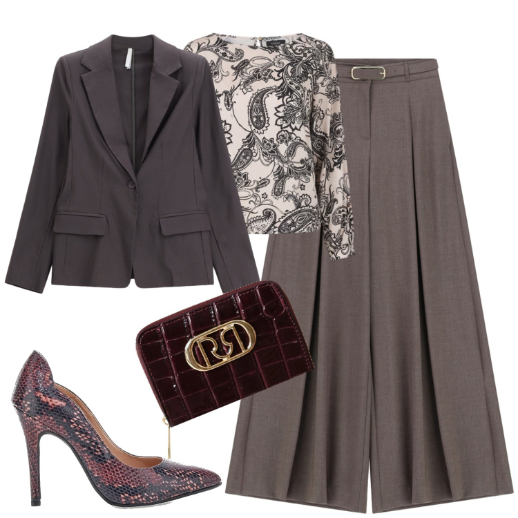 Outfit donna - City. Stile Urban per Tutti i giorni. Abbinamento con portafogli, bluse, blazer, pantaloni a palazzo, décolleté.