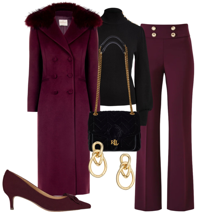 Outfit donna - Cena vigilia. Stile Chic per Serata fuori. Abbinamento con pantaloni, cappotti, maglieria, borse a spalla, décolleté, orecchini.