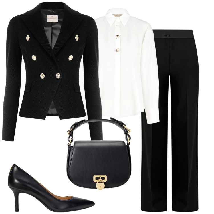 Outfit donna - Dettagli dorati. Stile Chic per Tutti i giorni. Abbinamento con camicie, pantaloni a palazzo, blazer, borse a tracolla, décolleté.
