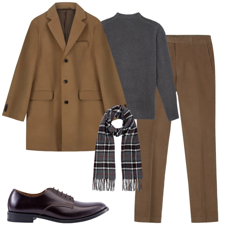 Outfit uomo - Cammello e grigio. Stile Business/Elegante per Tutti i giorni. Abbinamento con scarpe stringate, cappotti, pantaloni, sciarpe, maglieria.