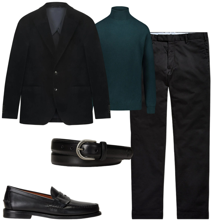 Outfit uomo - Petrolio e nero. Stile Business/Elegante per Tutti i giorni. Abbinamento con scarpe stringate, pantaloni chino, cinture, maglieria, giacche.