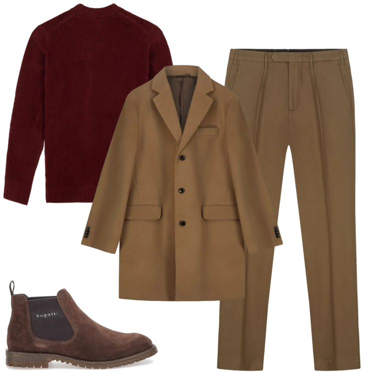 Outfit uomo - Cammello e rosso. Stile Urban per Tutti i giorni. Abbinamento con stivali e stivaletti, pantaloni, cappotti, maglieria.