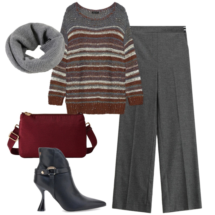 Outfit donna - Dicembre. Stile Urban per Tutti i giorni. Abbinamento con pantaloni a palazzo, borse a tracolla, scaldacollo, maglieria, stivaletti.