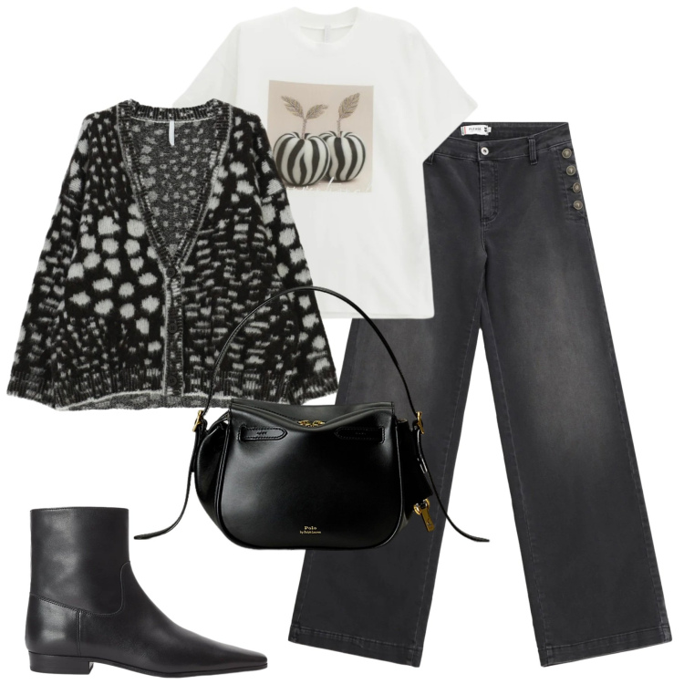 Outfit donna - Dicembre. Stile Casual chic per Tutti i giorni. Abbinamento con jeans, t-shirt, cardigans, borse a mano, stivaletti.