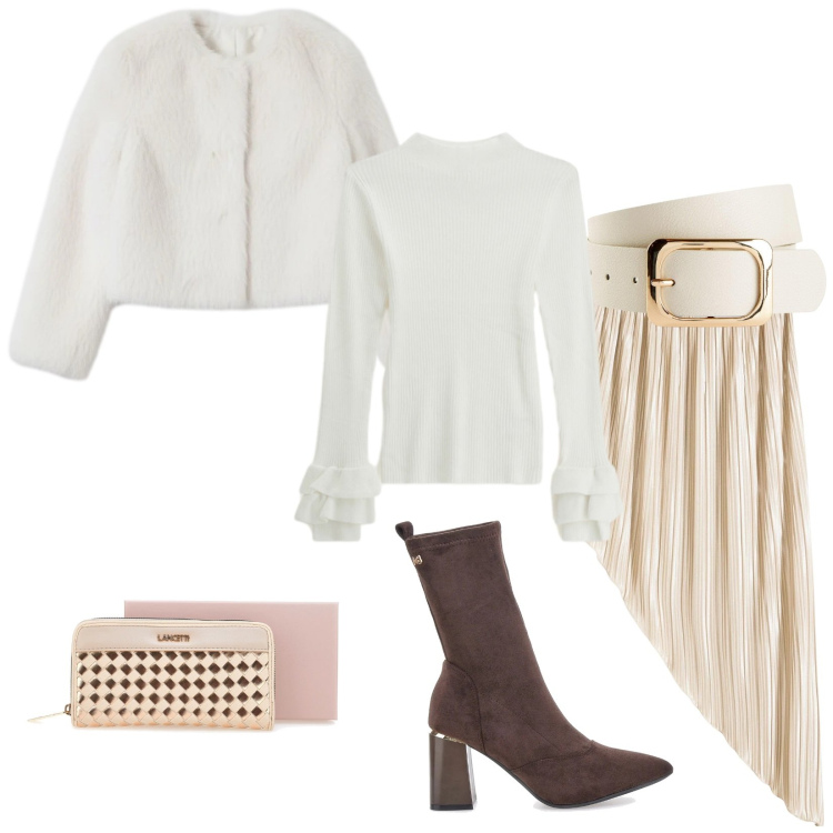 Outfit donna - Total look #2300894. Stile Chic per Serata fuori. Abbinamento con gonne, cinture, ecopellicce, maglieria, portafogli, stivaletti.