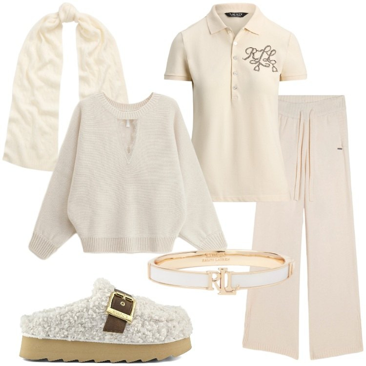 Outfit donna - Relax at home - @tiffany22. Stile Basic per Tutti i giorni. Abbinamento con maglieria, pantaloni, polo, sciarpe, braccialetti, sabot.