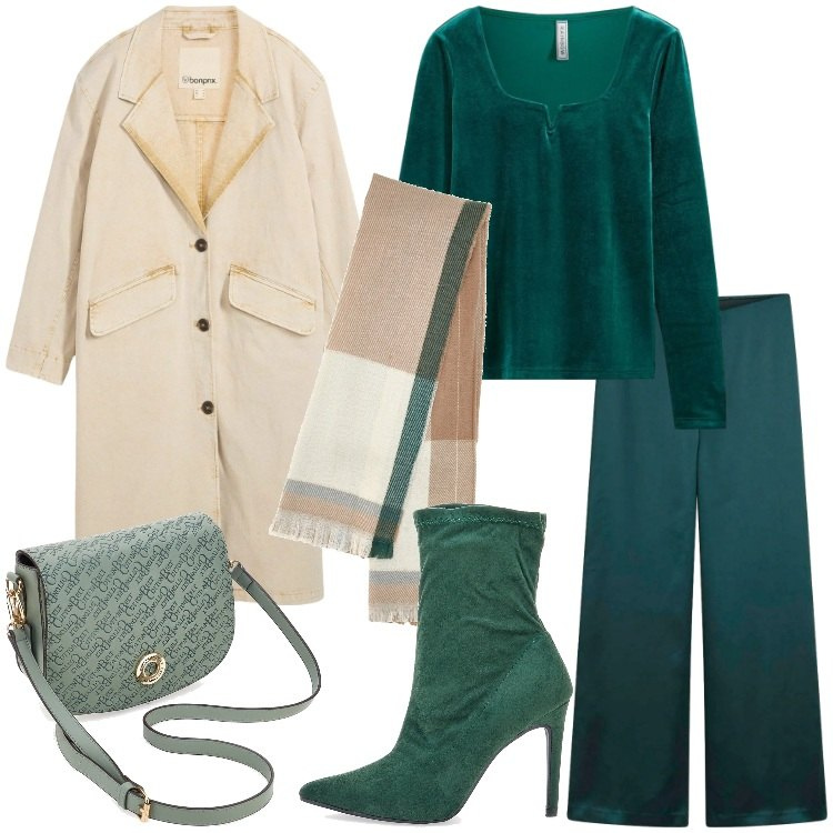 Outfit donna - Velvet Green. Stile Trendy per Serata fuori. Abbinamento con maglieria, pantaloni a palazzo, trench, stivaletti, sciarpe, borse a tracolla.
