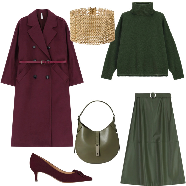 Outfit donna - Passeggiando. Stile Casual chic per Tutti i giorni. Abbinamento con gonne lunghe, maglieria, cappotti, braccialetti, décolleté, borse a spalla.