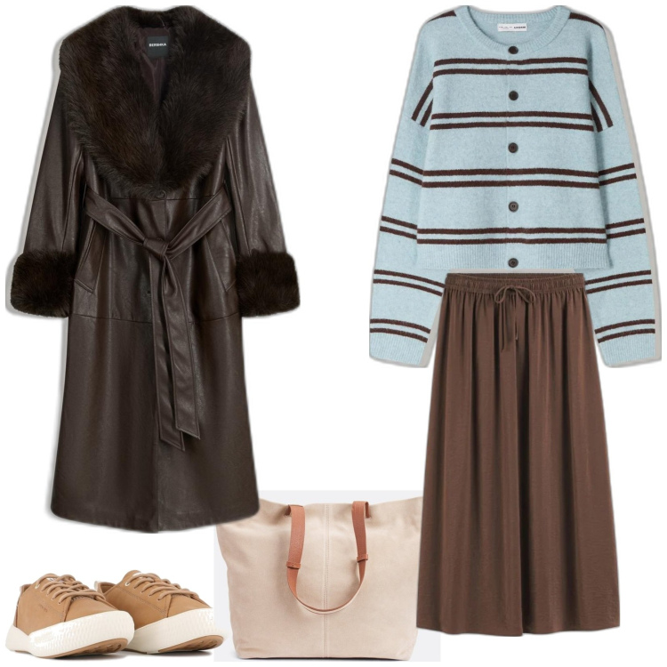 Outfit mujer - Invierno urbano ️🤎🩵. Estilo Urban para Todos los días. Combinación con faldas, bolso tote, abrigos, cárdigans, sneakers.