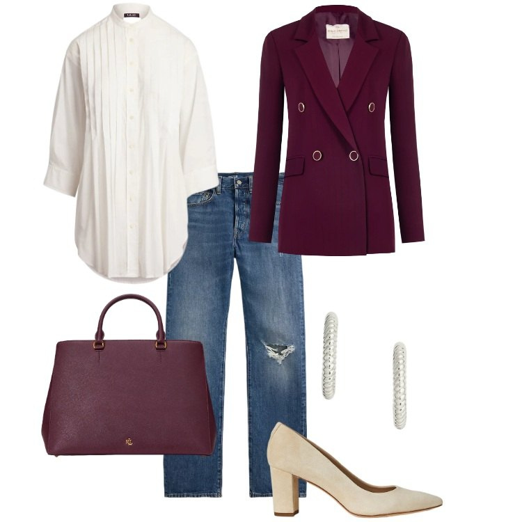 Outfit donna - Rettangolo - 04. Stile Casual chic per Serata fuori. Abbinamento con blazer, borse a mano, jeans dritti, décolleté, orecchini, camicie.