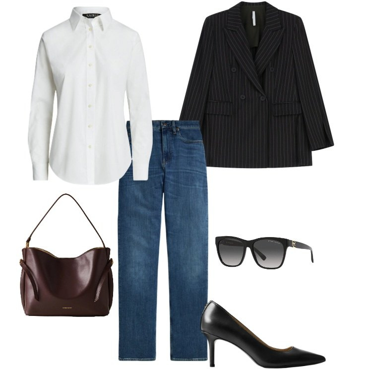 Outfit donna - Rettangolo - 03. Stile Casual chic per Tutti i giorni. Abbinamento con blazer, borse a mano, occhiali da sole, camicie, jeans dritti, décolleté.