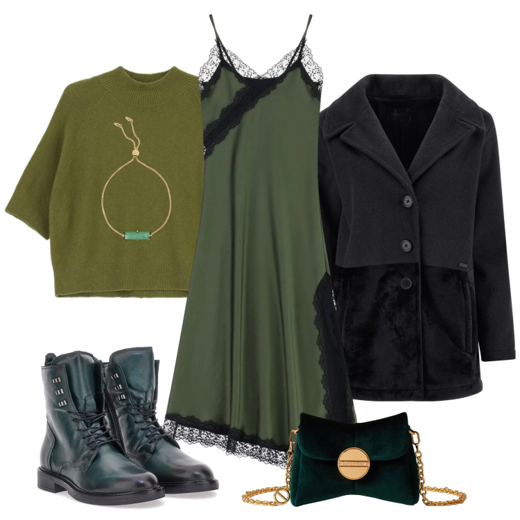 Outfit donna - Combat chic. Stile Casual chic per Tutti i giorni. Abbinamento con vestiti asimmetrici, maglieria, borse a tracolla, cappotti, braccialetti, anfibi.