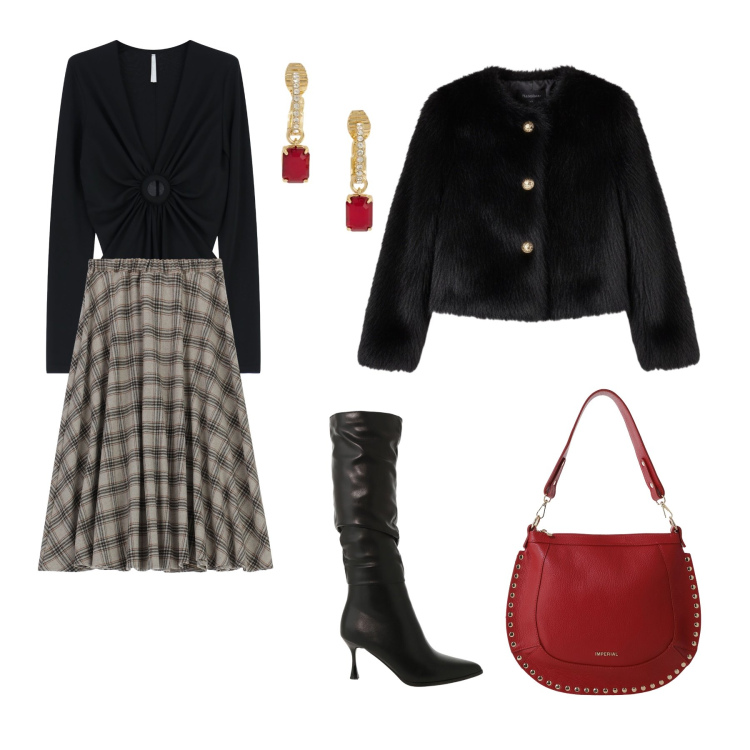 Outfit donna - Red Accents on a City Runway. Stile Casual chic per Serata fuori. Abbinamento con gonne longuette, ecopellicce, borse a spalla, stivali sopra il ginocchio, bluse, orecchini.