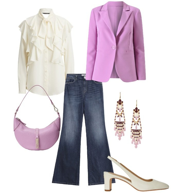 Outfit donna - Triangolo - 01. Stile Casual chic per Serata fuori. Abbinamento con jeans a zampa, blazer, borse a spalla, décolleté, orecchini, camicie.