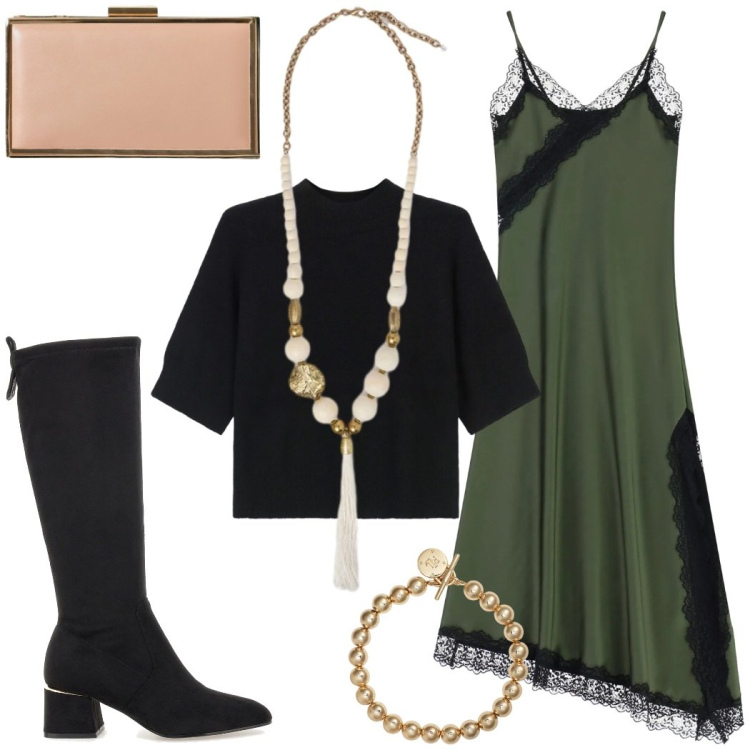 Outfit donna - Serate di festa fra amici. Stile Glamour per Serata fuori. Abbinamento con pochette, vestiti asimmetrici, maglieria, braccialetti, stivali, ciondoli.