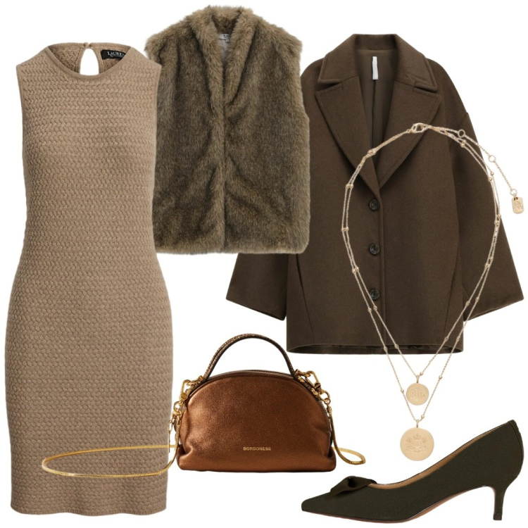 Outfit donna - Eleganti sovrapposizioni. Stile Chic per Serata fuori. Abbinamento con blazer, cappotti, borse a mano, ciondoli, vestiti senza maniche, décolleté.